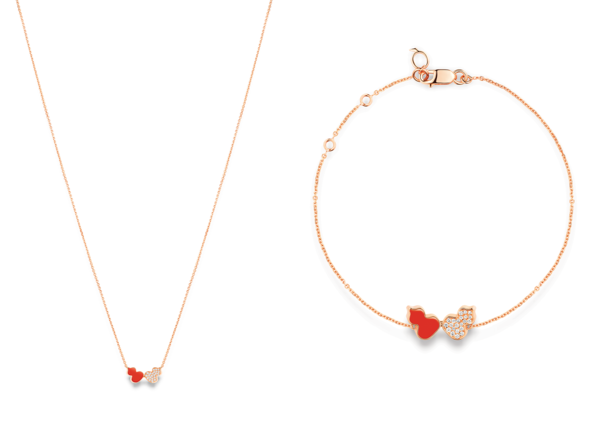 좌, 18K 로즈골드, 다이아몬드, 그리고 레드 하이세람의 키린 울루 에코 네크리스우. 18K 로즈골드, 다이아몬드, 그리고 레드 하이세람의 키린 울루 에코 브레이슬릿