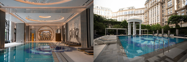 감각적인 인테리어가 돋보이는 수영장. 실내는 물론 야외 정원까지 이어진다. 